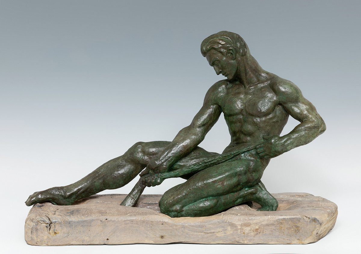 Jean de Roncourt (1869–1937) Sculpture Art Déco en bronze patiné-photo-3