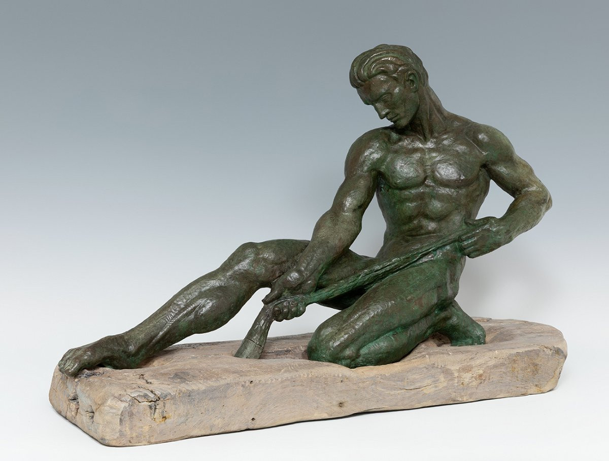 Jean de Roncourt (1869–1937) Sculpture Art Déco en bronze patiné-photo-5