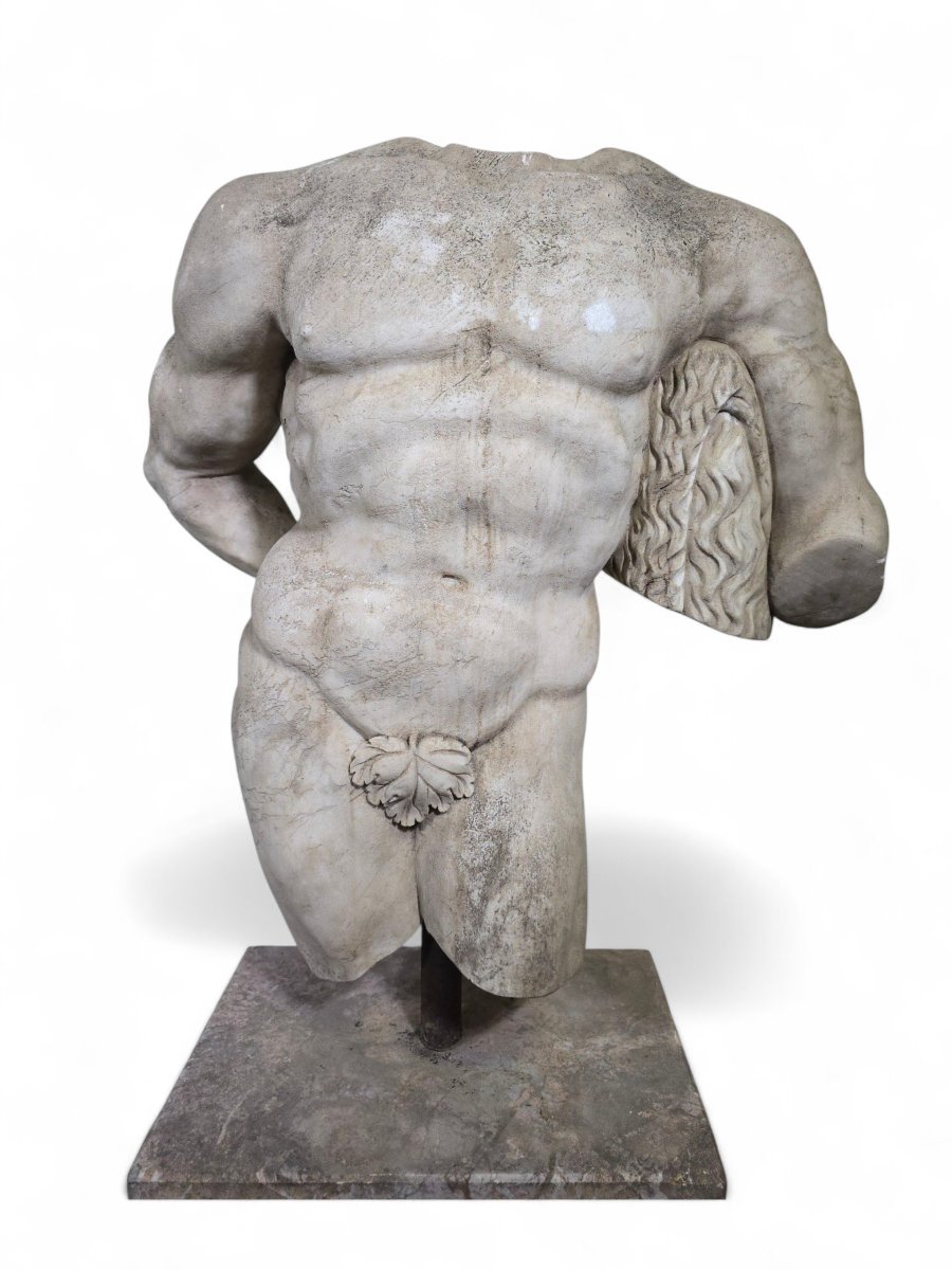 Male Torso Sculpted In White Italian Marble, Inspired By Greco-roman Art, 1950s-photo-3