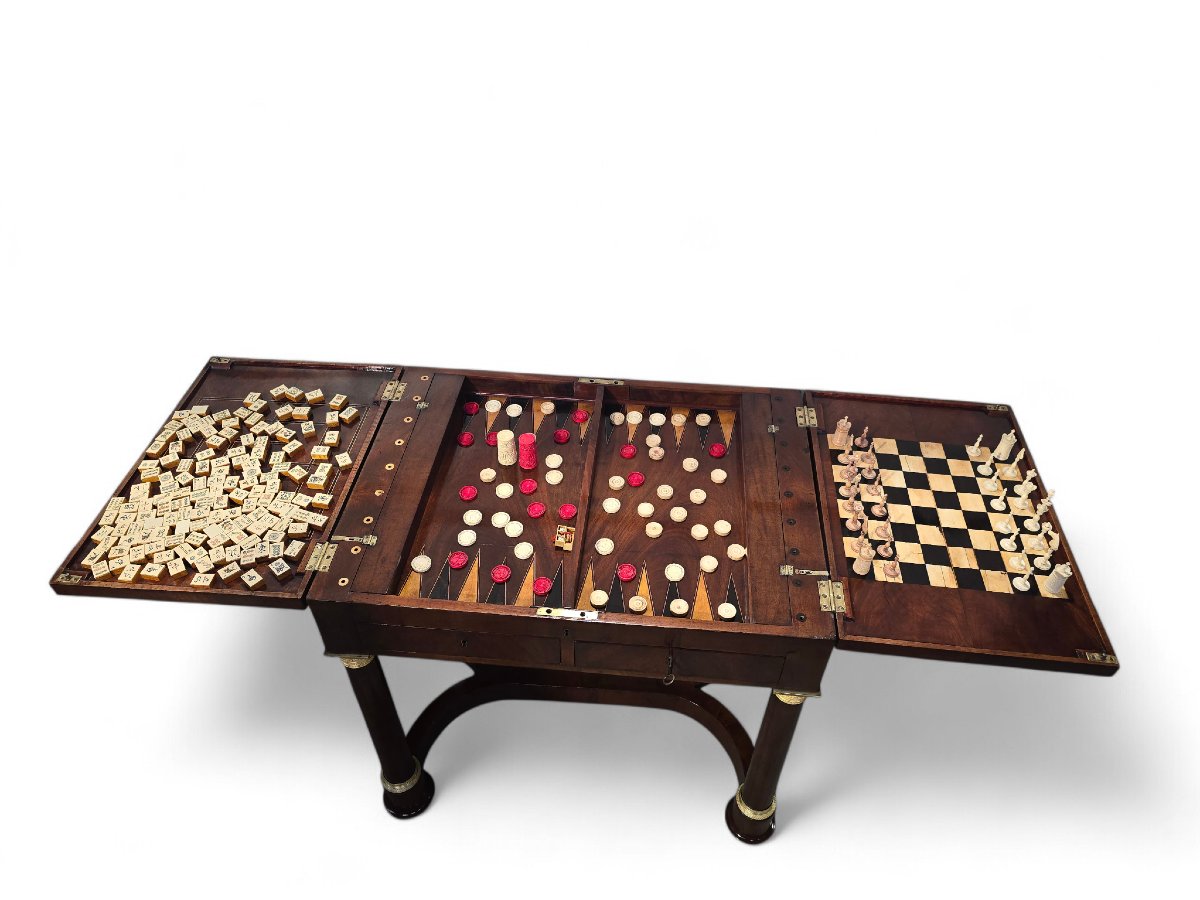 table de jeux française du XIXe siècle, vers 1830, avec jeux d'échecs, de mah-jong et de backga-photo-3