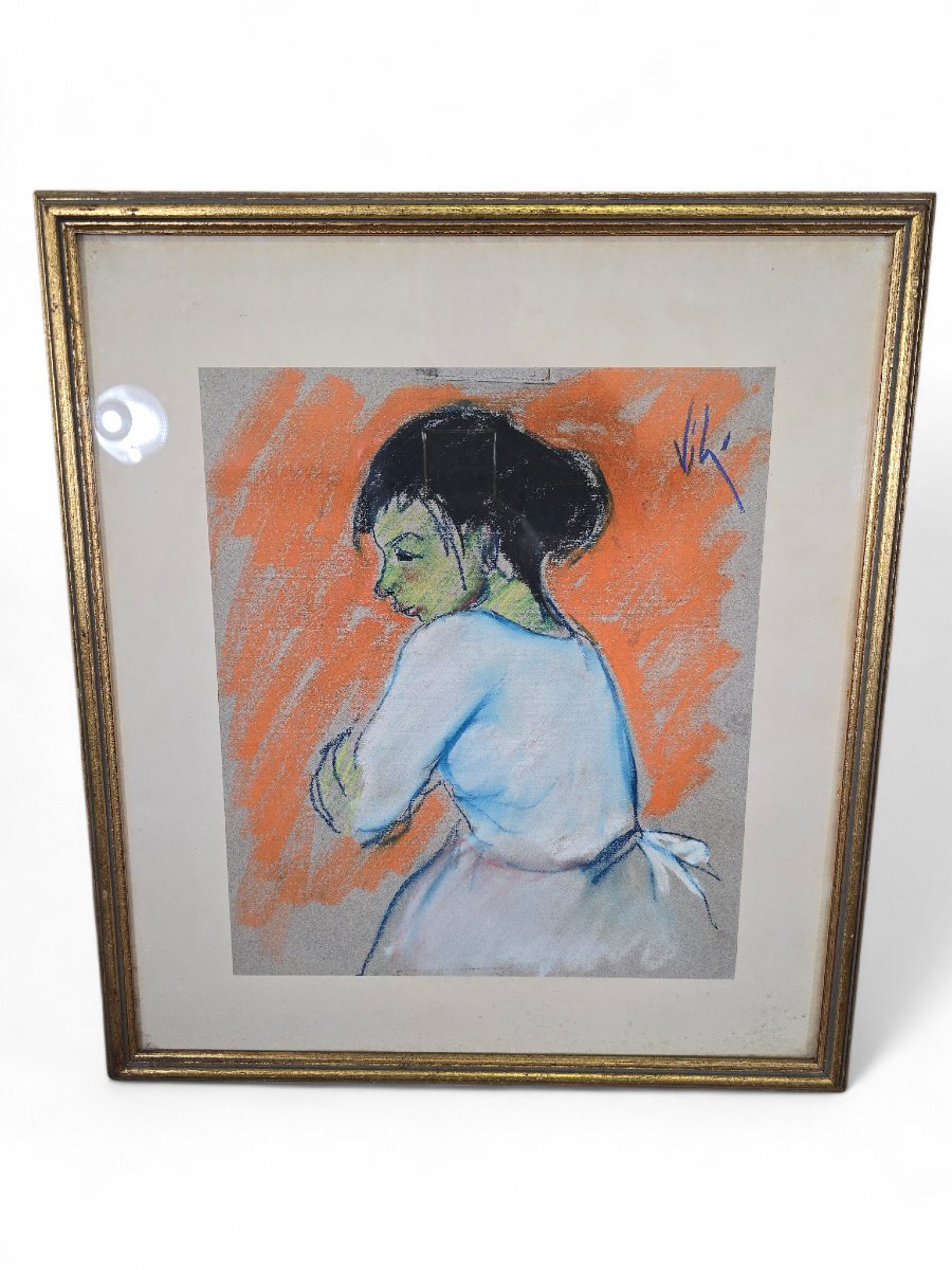20th-century Pastel On Paper Depicting A Female Figure, Signed Vila-photo-3