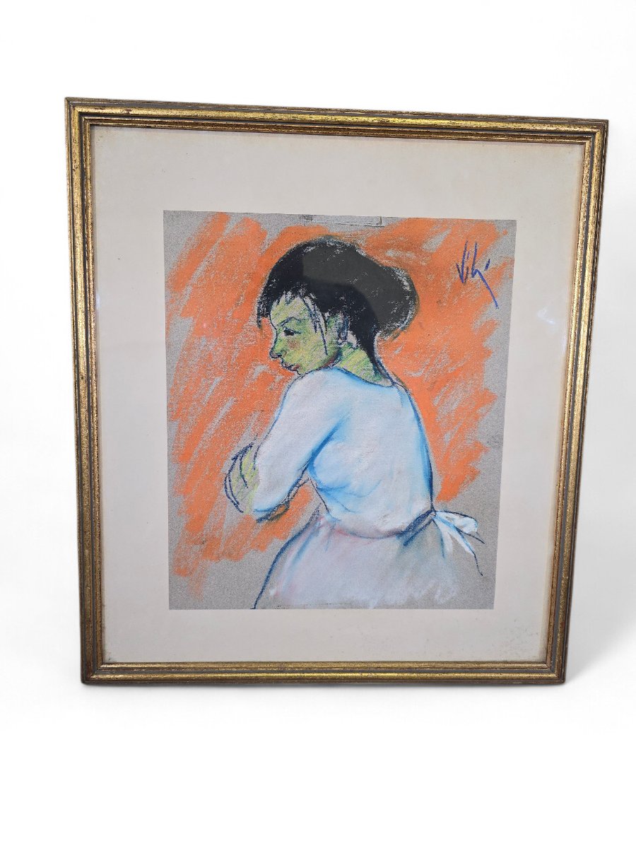 20th-century Pastel On Paper Depicting A Female Figure, Signed Vila-photo-5