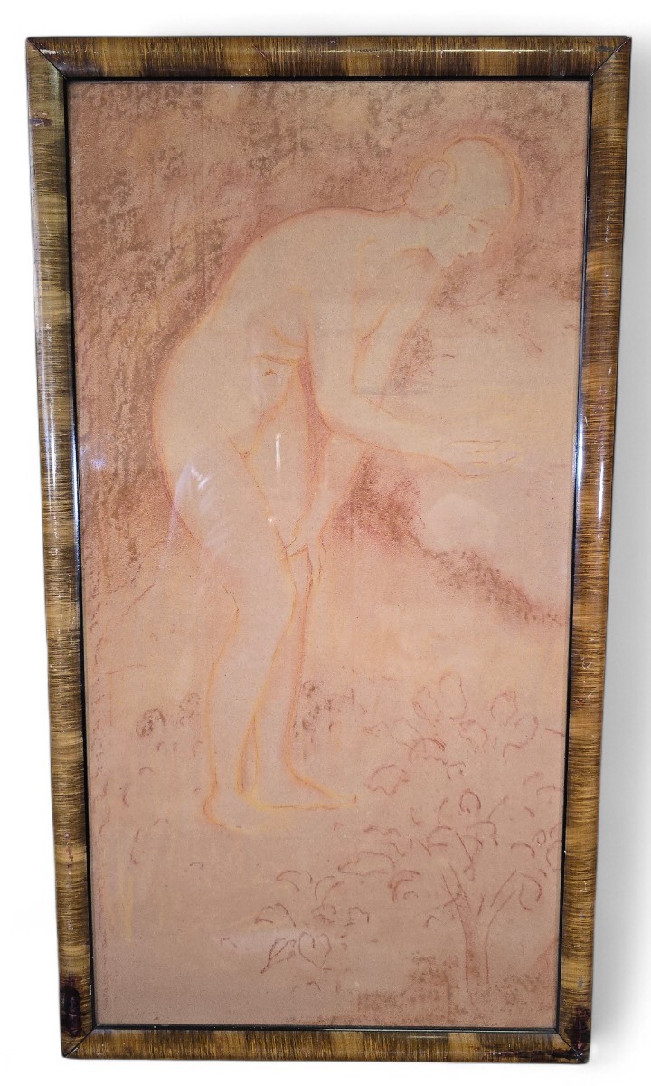 Red Chalk Drawing On Paper, French Art Deco Style, 20th Century