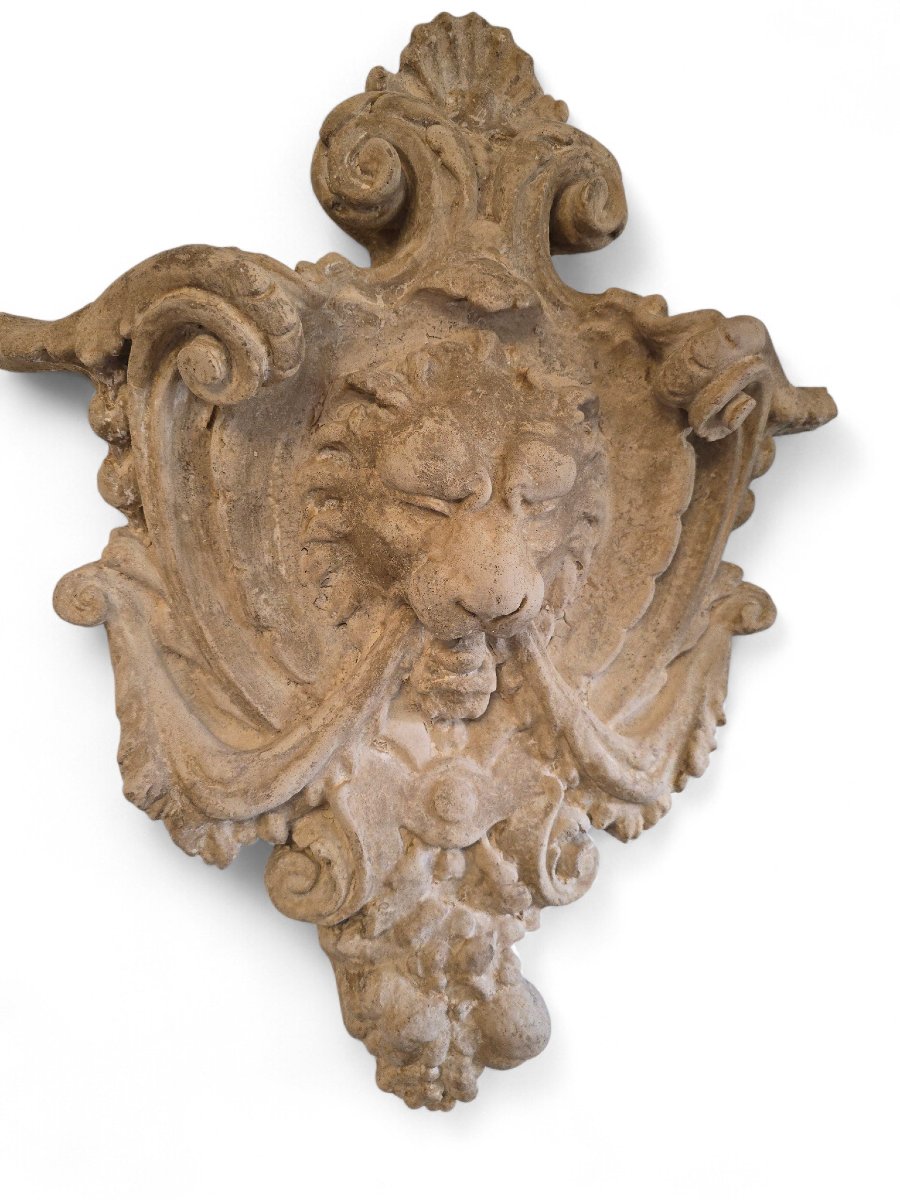 Grand bouclier décoratif en terre cuite à tête de lion, années 1970-photo-4