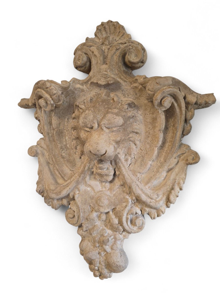 Grand bouclier décoratif en terre cuite à tête de lion, années 1970-photo-4