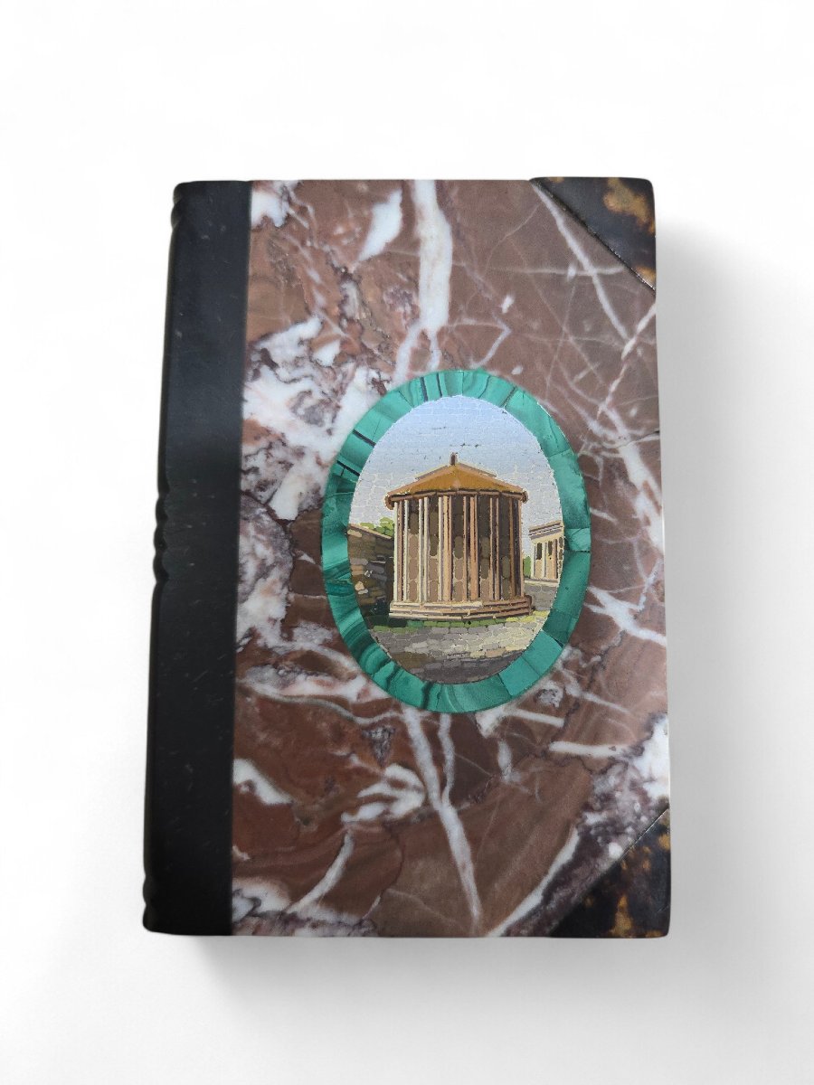 Livre en marbre italien du XIXe siècle orné d'une plaque en micromosaïque représentant un templ-photo-2