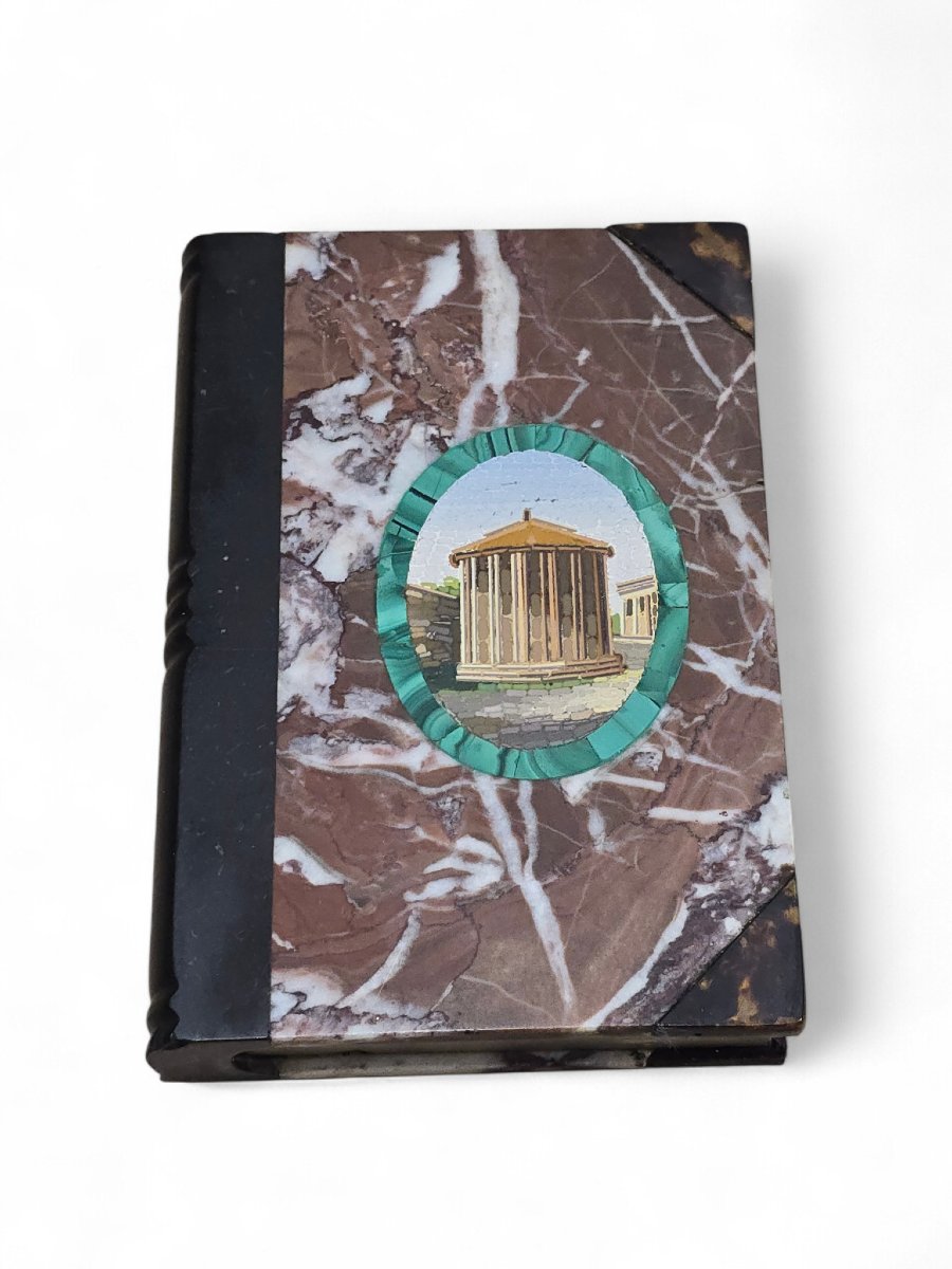 Livre en marbre italien du XIXe siècle orné d'une plaque en micromosaïque représentant un templ-photo-4