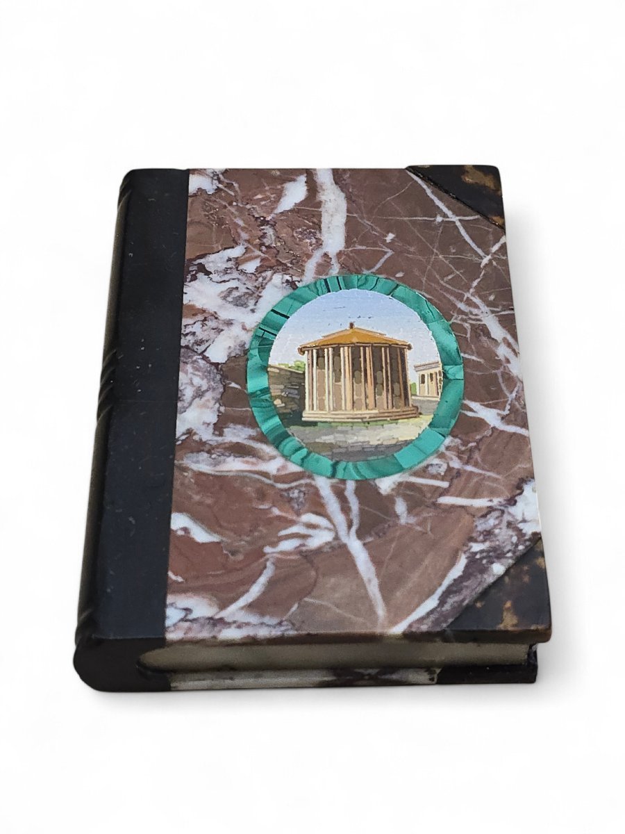 Livre en marbre italien du XIXe siècle orné d'une plaque en micromosaïque représentant un templ-photo-5