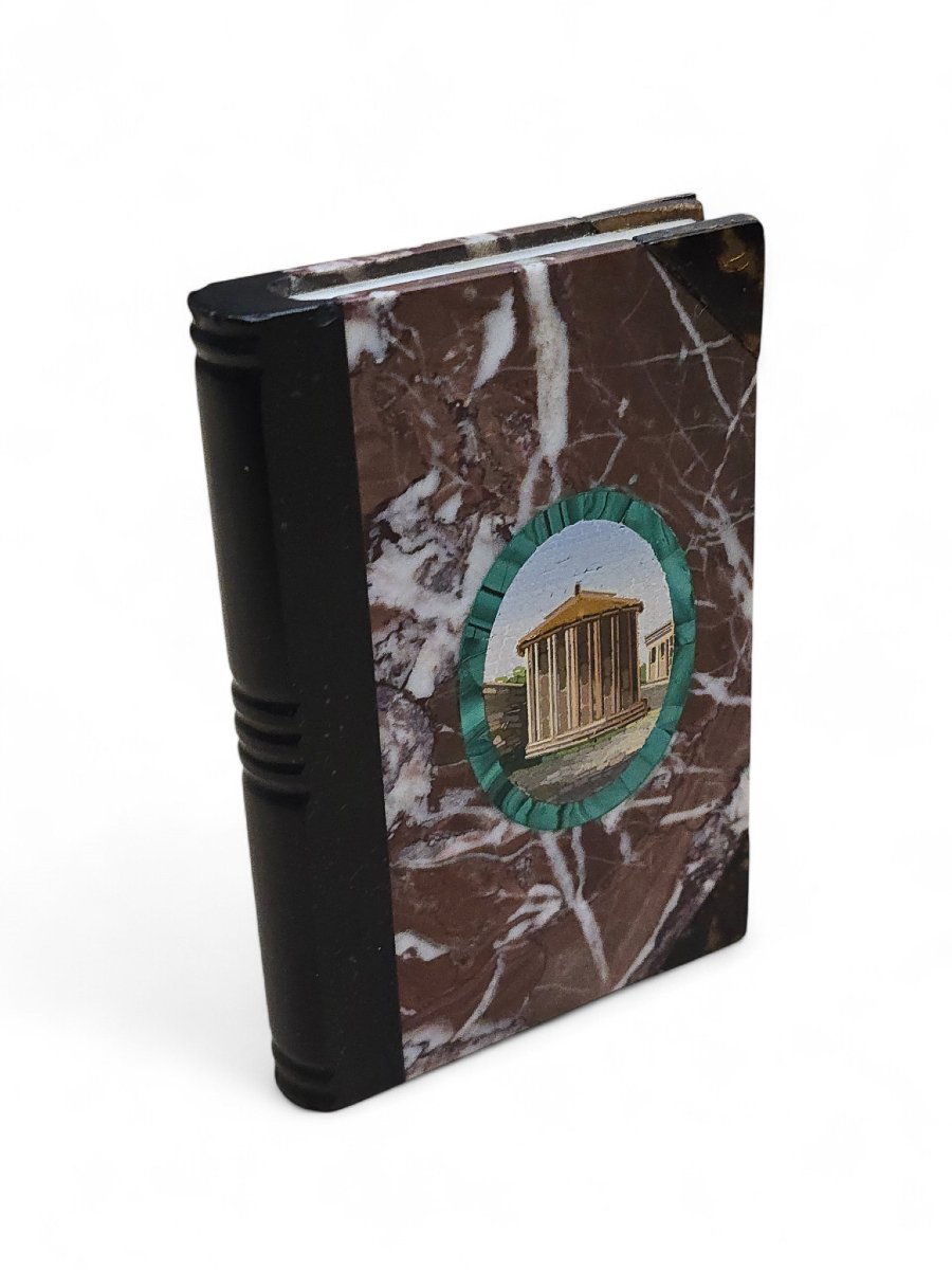 Livre en marbre italien du XIXe siècle orné d'une plaque en micromosaïque représentant un templ-photo-6