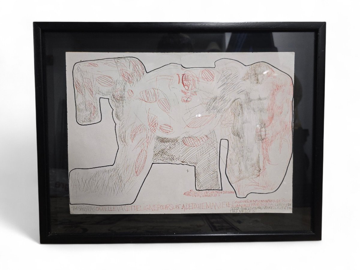 French Conceptual Drawing In Mixed Media With Text, 20th Century-photo-2