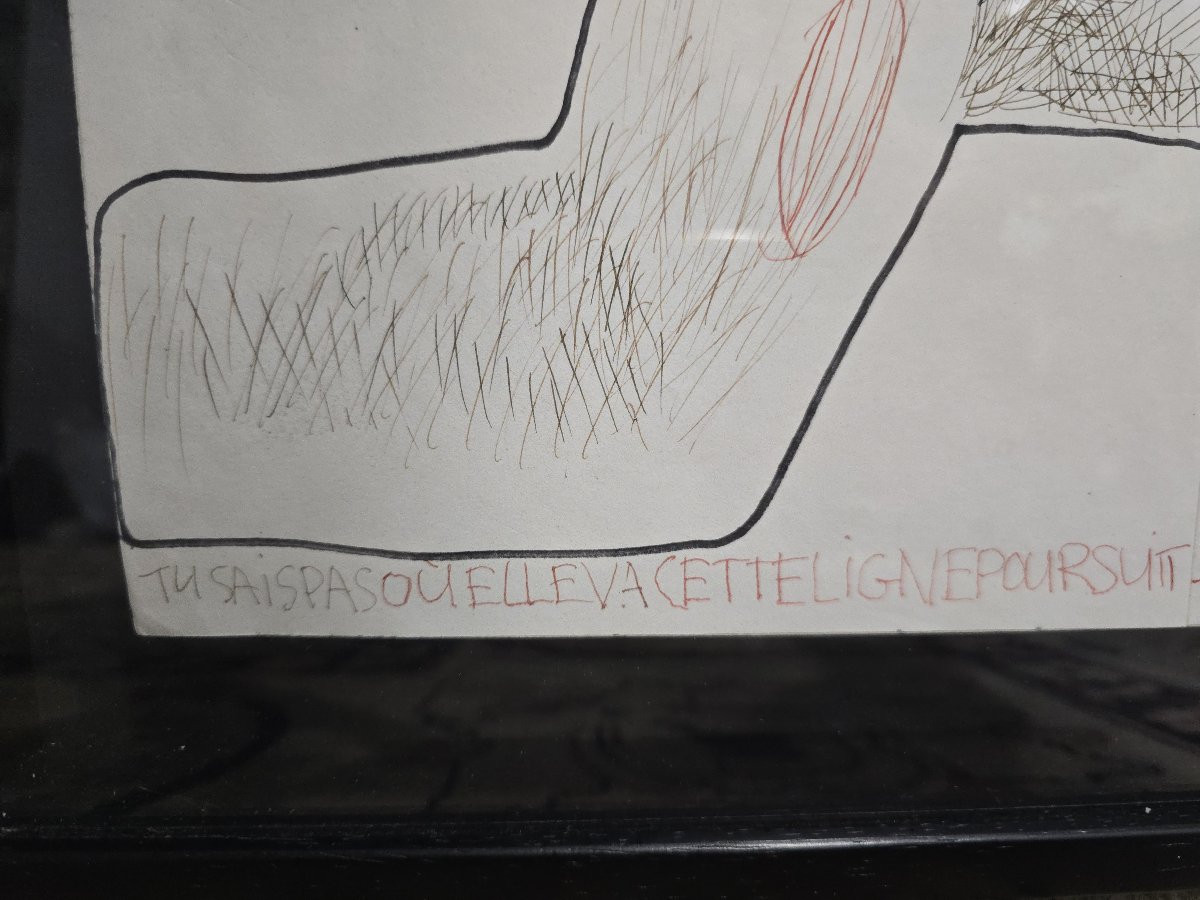 French Conceptual Drawing In Mixed Media With Text, 20th Century-photo-2