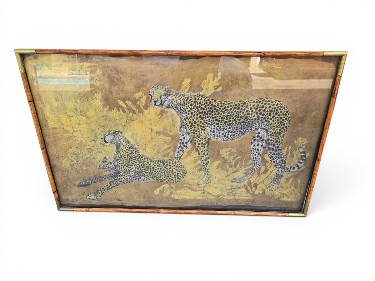 Paire de panneaux  africains en batik à motif léopard, signés et datés de 1977, par -photo-2