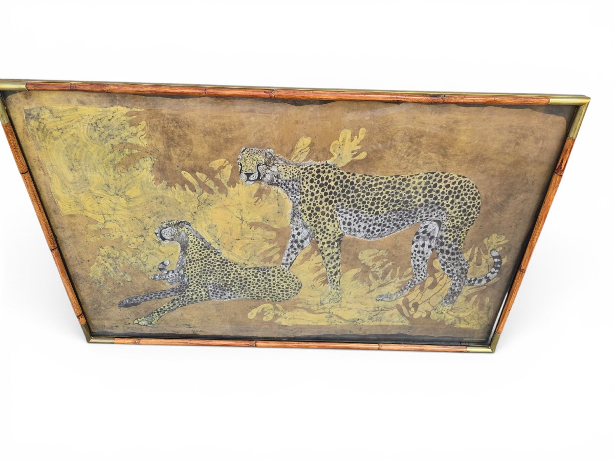 Paire de panneaux  africains en batik à motif léopard, signés et datés de 1977, par -photo-3
