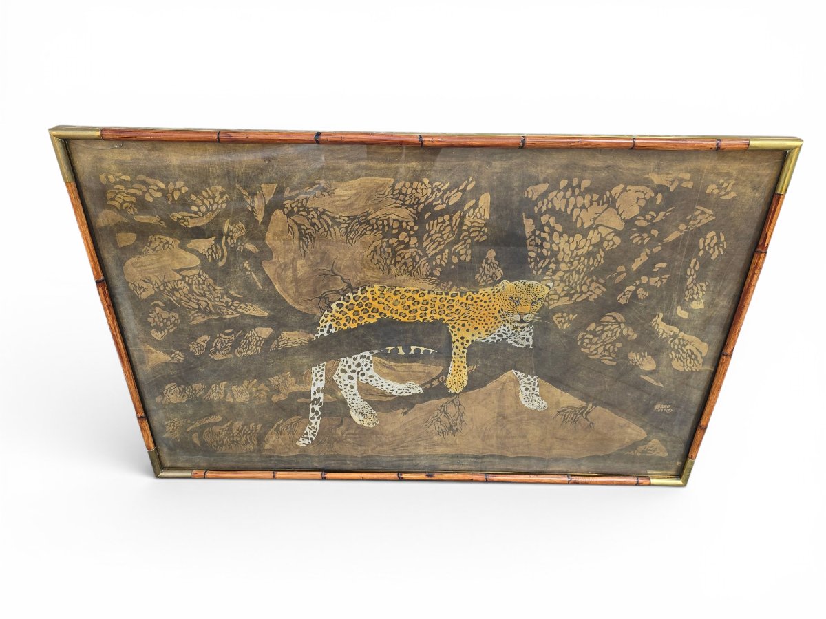 Paire de panneaux  africains en batik à motif léopard, signés et datés de 1977, par -photo-3