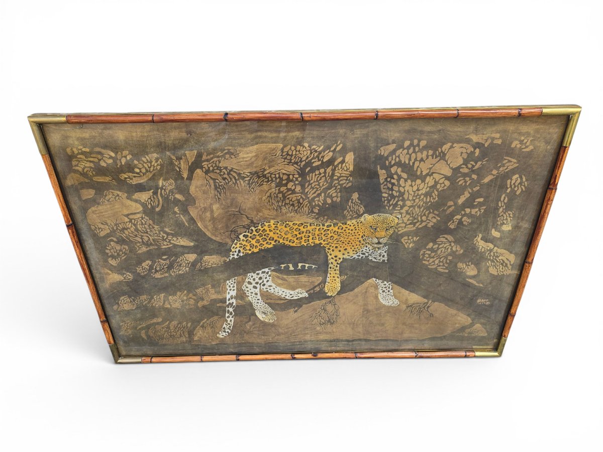 Paire de panneaux  africains en batik à motif léopard, signés et datés de 1977, par -photo-4