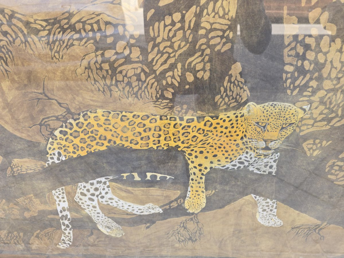 Paire de panneaux  africains en batik à motif léopard, signés et datés de 1977, par -photo-5