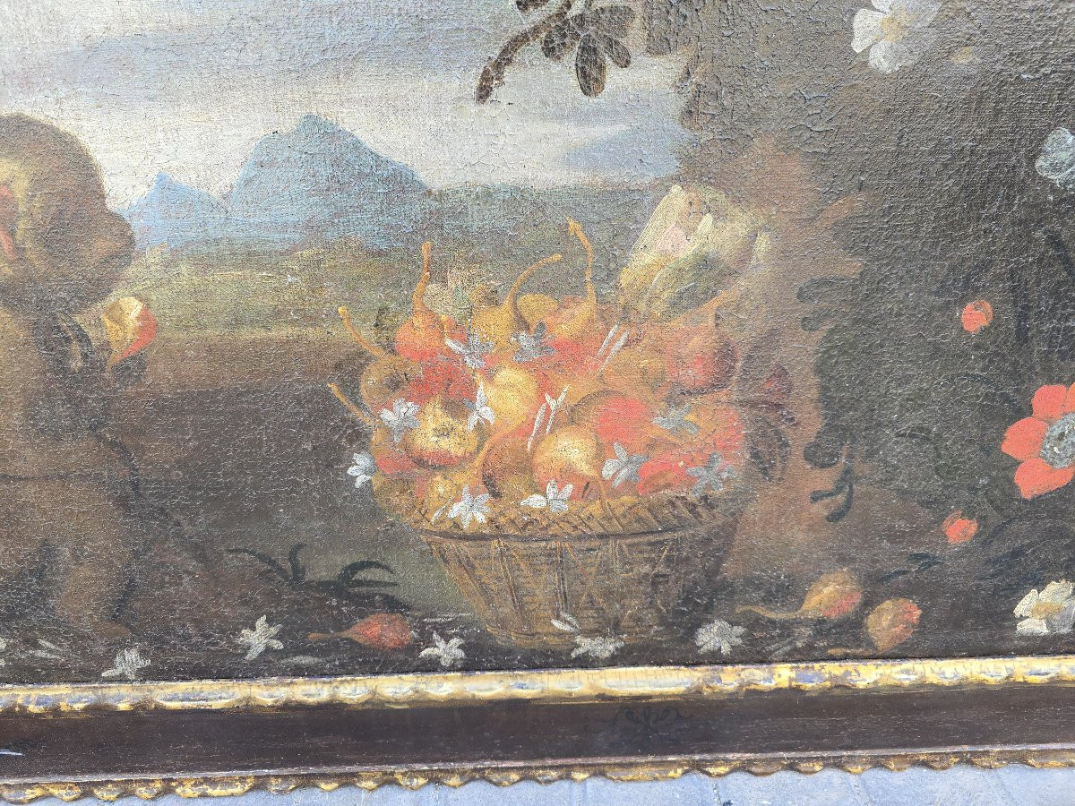 Huile sur toile du XVIIIe siècle, école majorquine, représentant un singe, cadre d'origine-photo-3