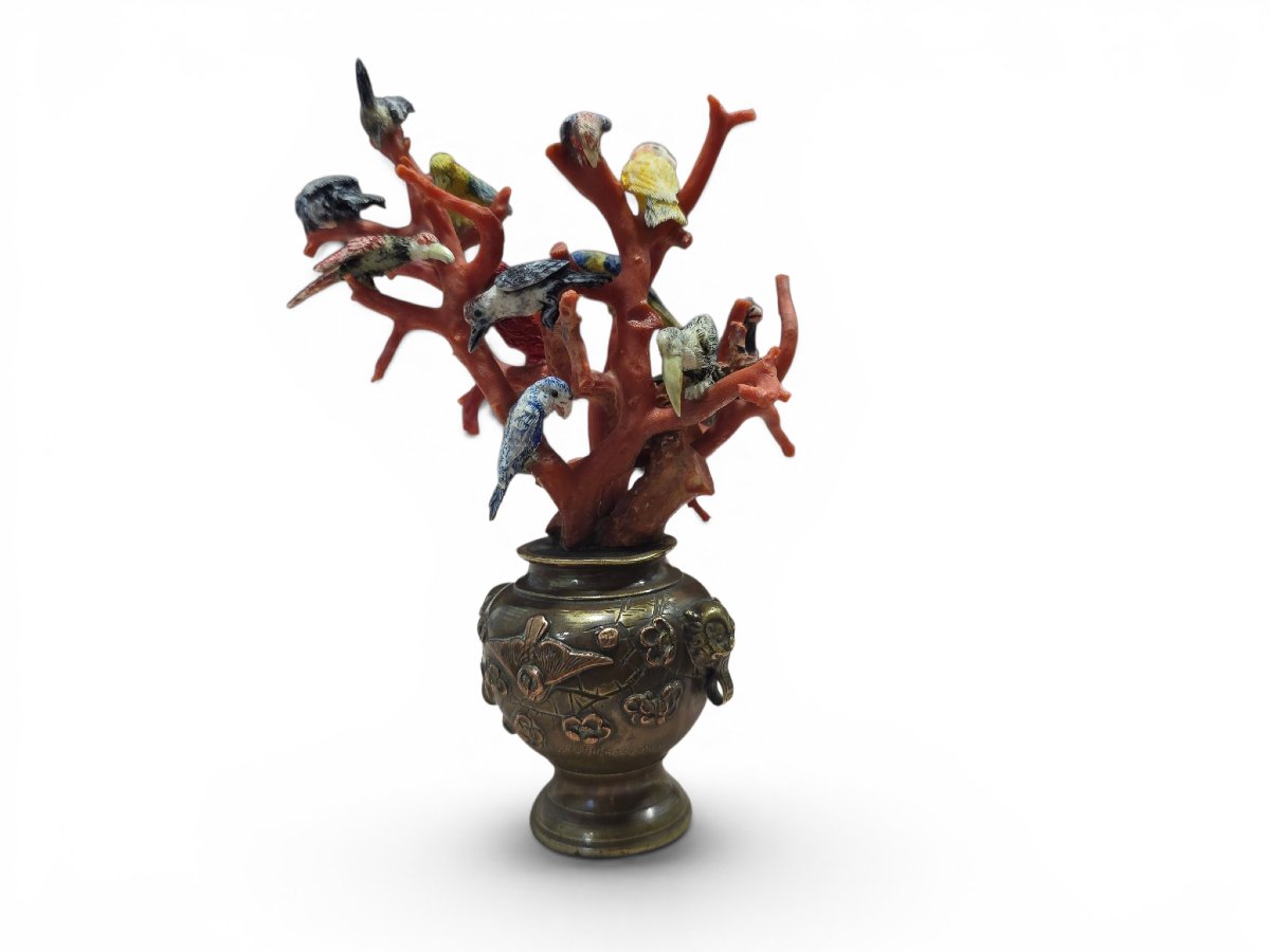 19th Century Miniature Sculpture Adorned With Red Coral And Ivory Cockatoos-photo-2