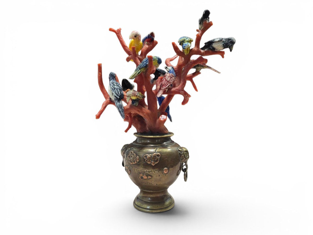 19th Century Miniature Sculpture Adorned With Red Coral And Ivory Cockatoos-photo-4
