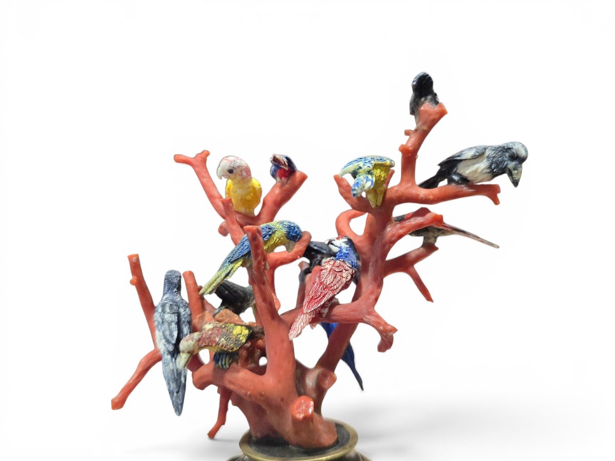 19th Century Miniature Sculpture Adorned With Red Coral And Ivory Cockatoos-photo-7