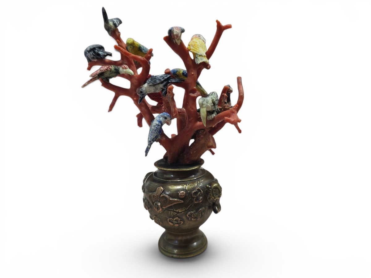 19th Century Miniature Sculpture Adorned With Red Coral And Ivory Cockatoos