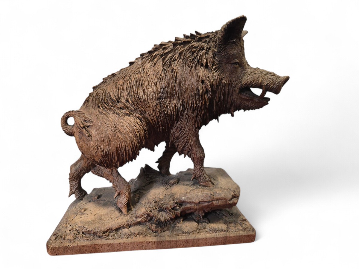 Carved Warthog Sculpture From The Black Forest, 19th Century