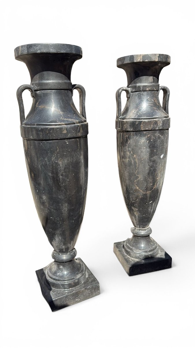 Pair Of Large Black Marble Vases In The Greek Style, 20th Century-photo-3