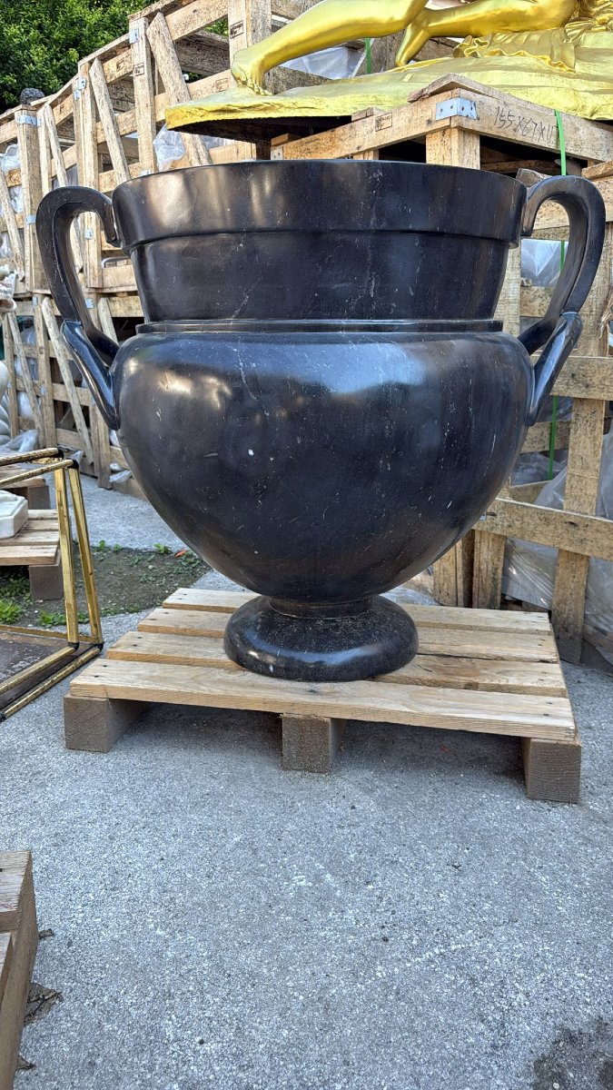 Pair Of Large Greek Style Black Marble Vases, 20th Century-photo-3