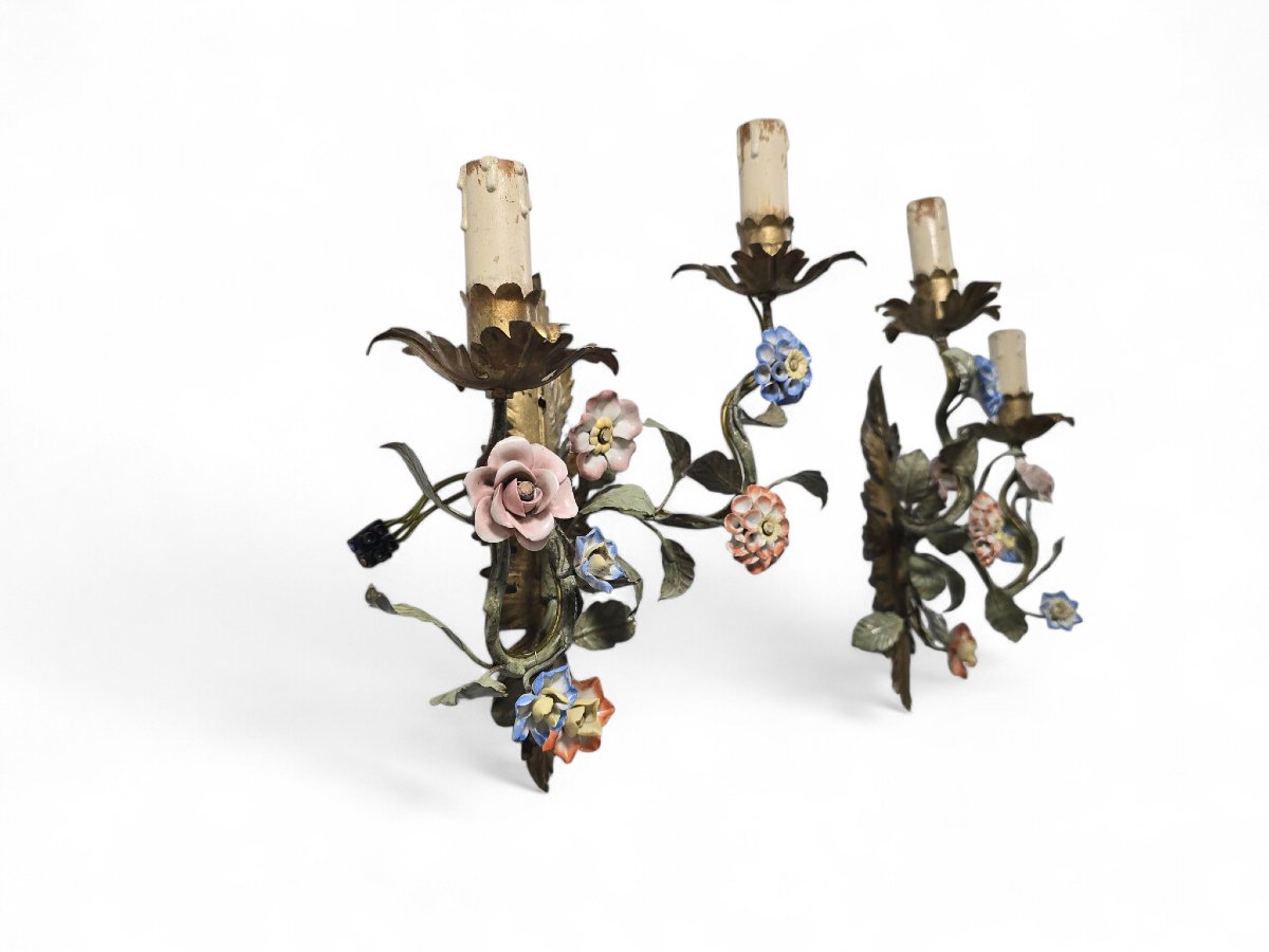 Pair Of 1950s Wall Sconces With Porcelain Flowers-photo-1