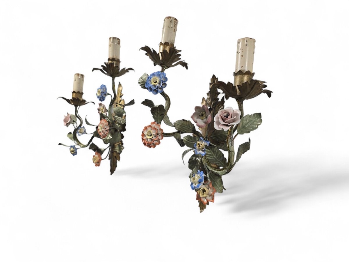 Pair Of 1950s Wall Sconces With Porcelain Flowers-photo-2