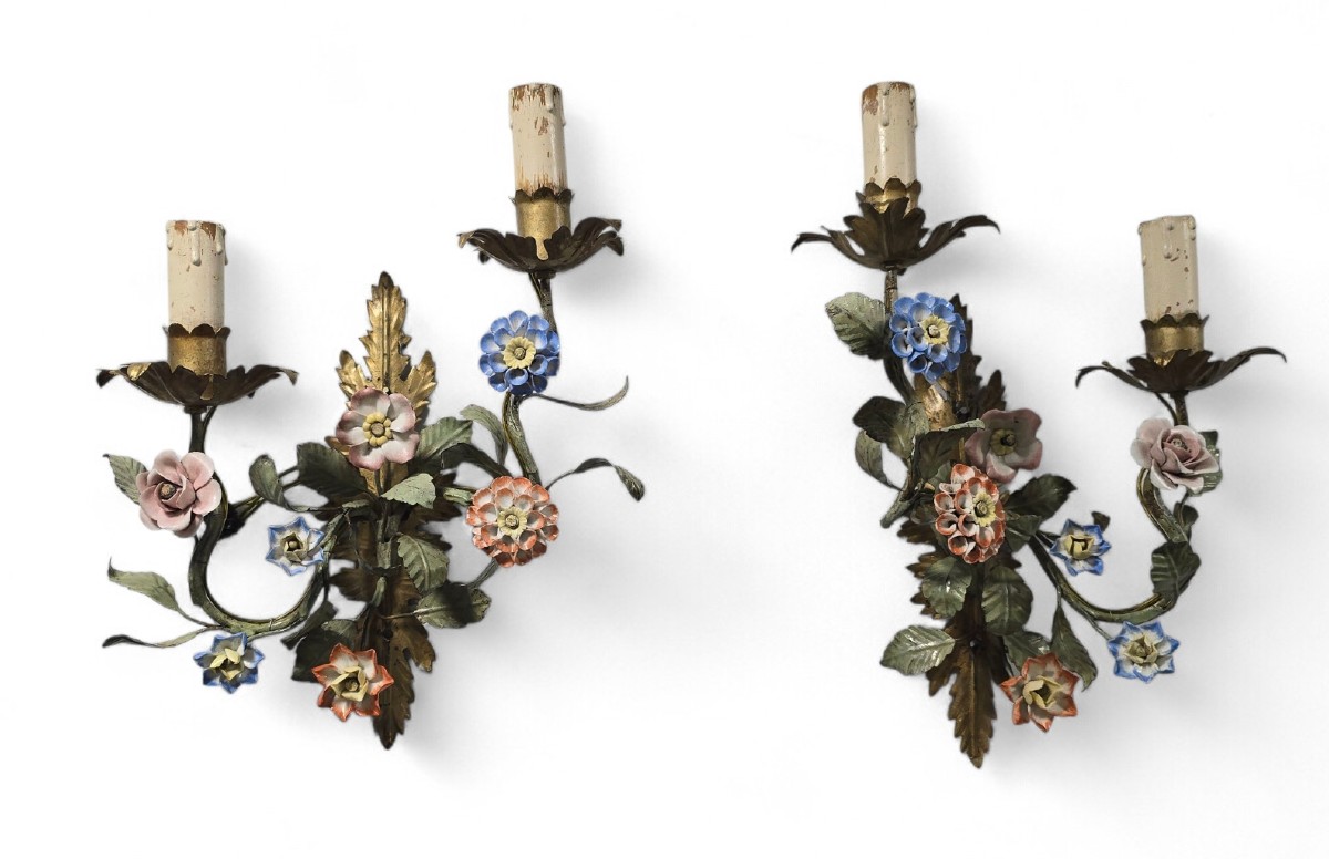 Pair Of 1950s Wall Sconces With Porcelain Flowers