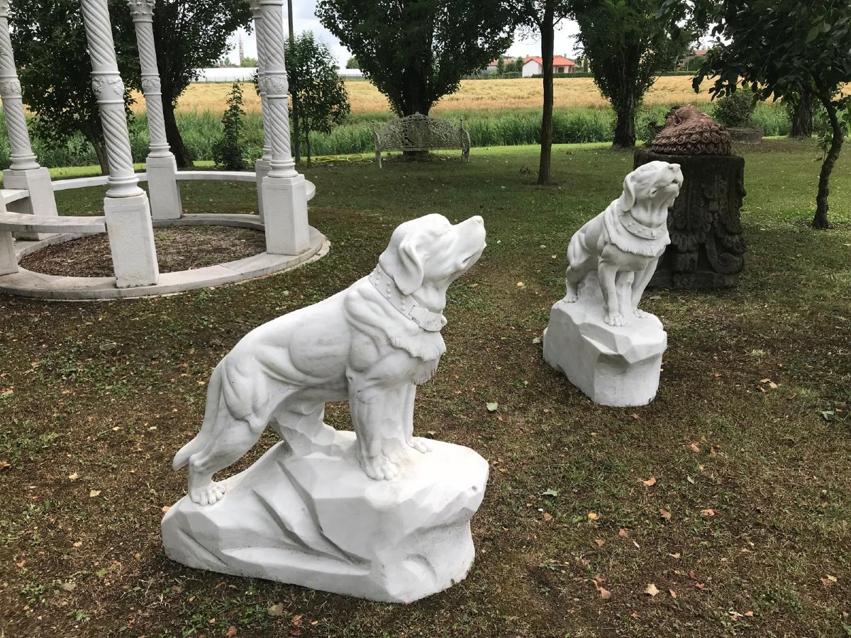 Pair Of White Marble Dog Sculptures, Italy, 1980s-photo-3