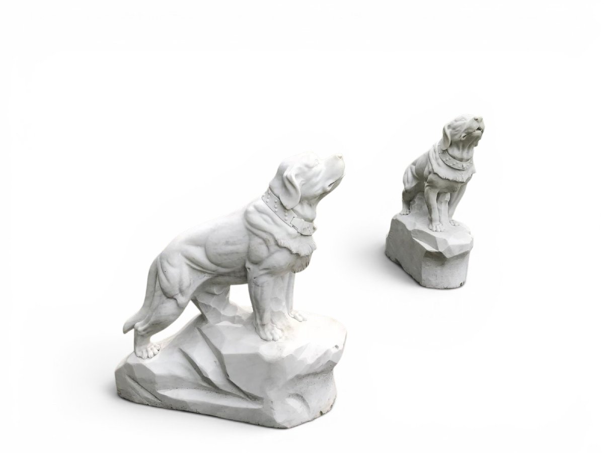 Pair Of White Marble Dog Sculptures, Italy, 1980s