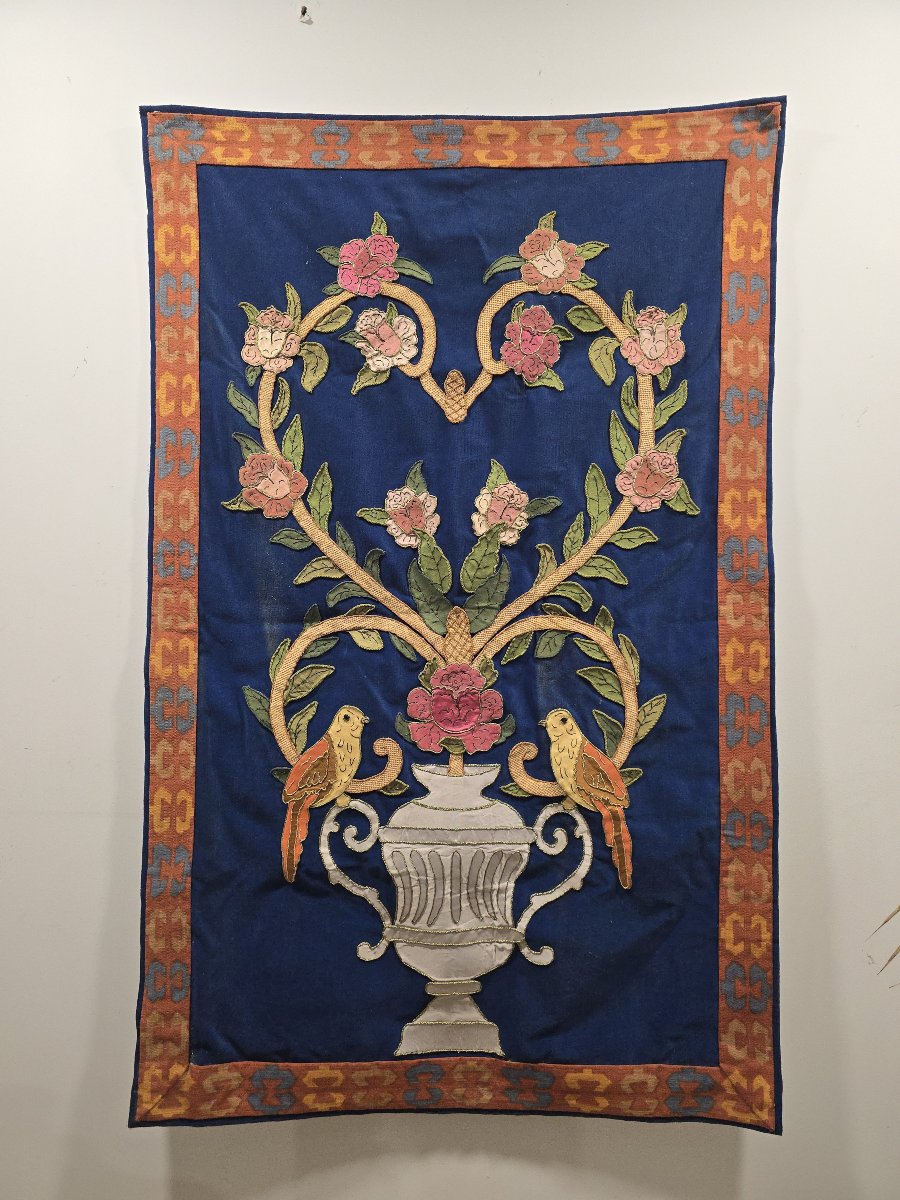 Large Floral And Bird-themed Tapestry From The Early 20th Century Featuring A Classical Urn-photo-4