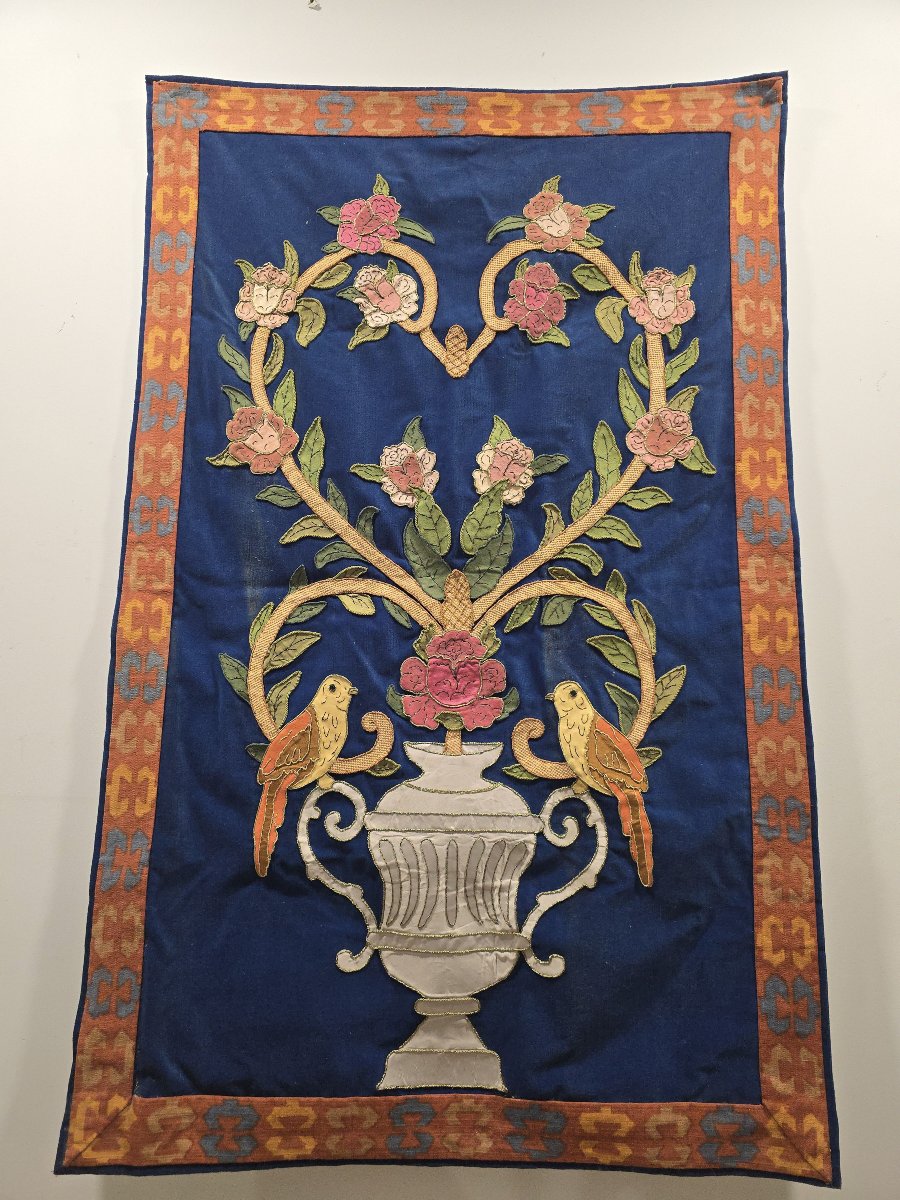 Large Floral And Bird-themed Tapestry From The Early 20th Century Featuring A Classical Urn-photo-5