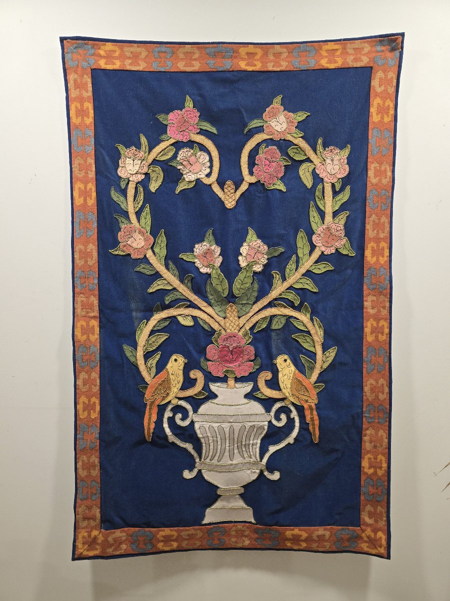 Large Floral And Bird-themed Tapestry From The Early 20th Century Featuring A Classical Urn