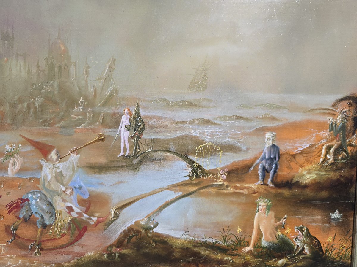Tomasz Steifer (1955–2015) – Paysage surréaliste avec figures, Huile sur panneau-photo-1