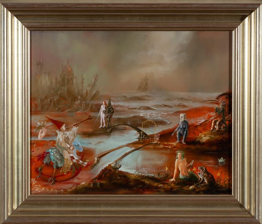 Tomasz Steifer (1955–2015) – Paysage surréaliste avec figures, Huile sur panneau