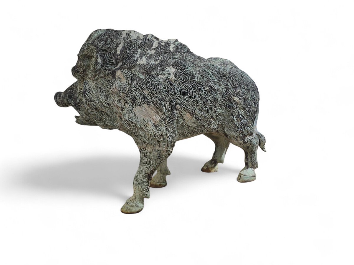 Large Wild Boar Sculpture In Italian Patinated Bronze, 1950s-photo-3