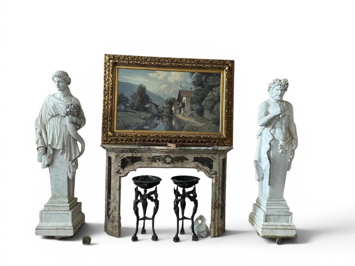 sculptures en marbre italien à thème mythologique : Faune et Jeune Fille à la Corn