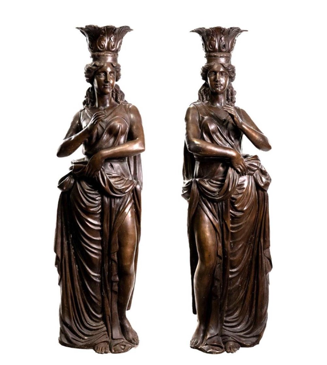 Pair Of Bronze Caryatids, Naples, Italy, 1980s