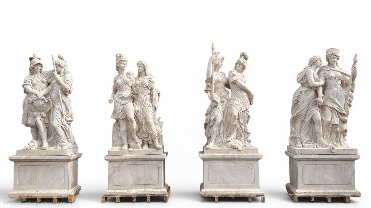 Set Of Four Monumental Sculptures Of Greco-roman Warriors In Italian Marble, From The