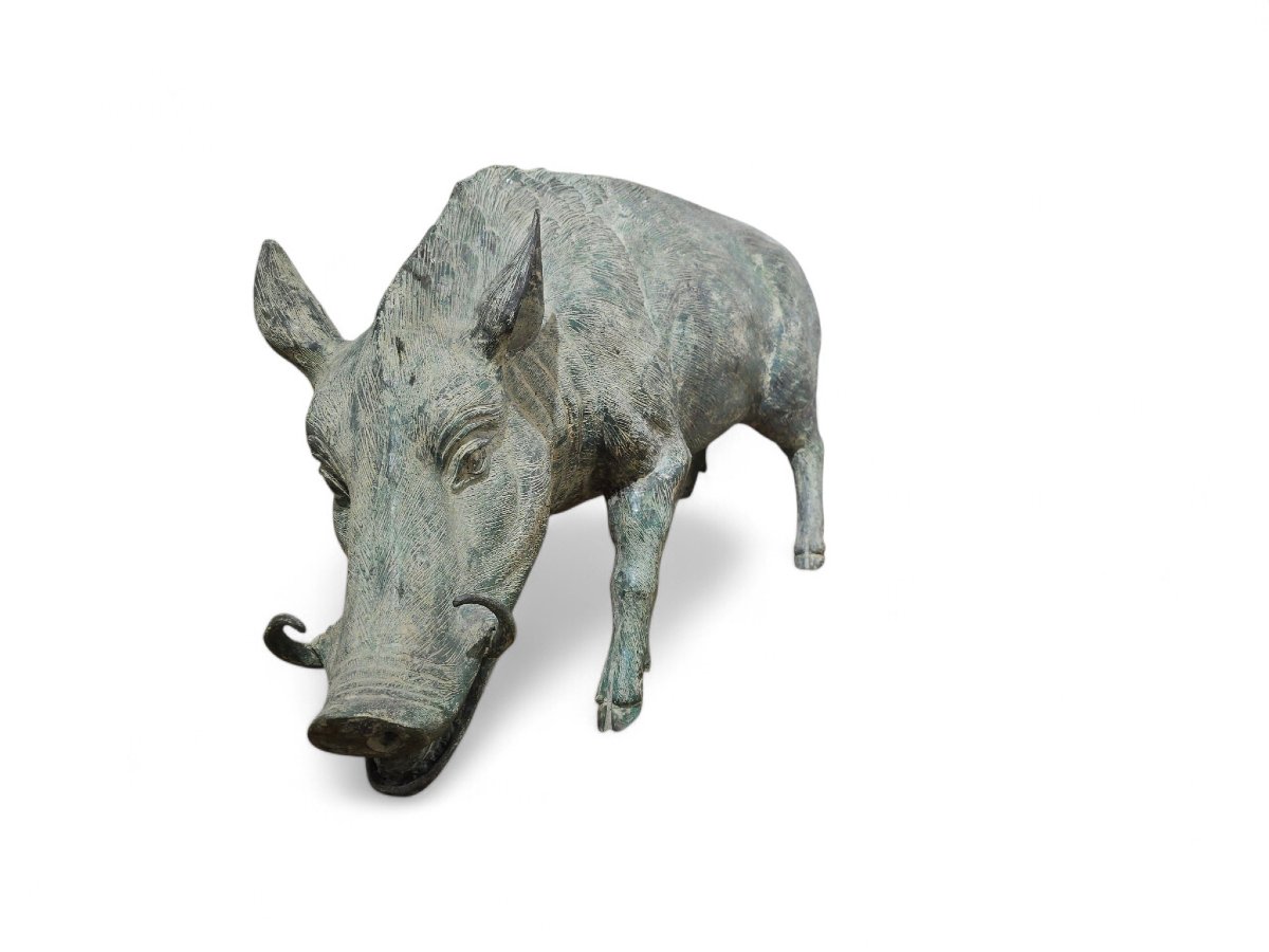 Paire de sculptures de phacochères en bronze italien à patine verte, années 1950-photo-4