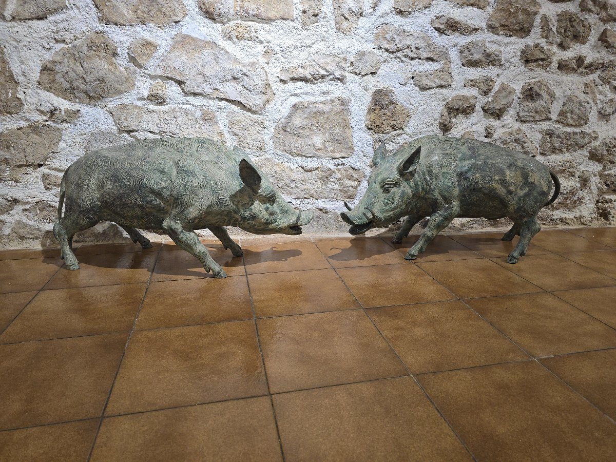 Paire de sculptures de phacochères en bronze italien à patine verte, années 1950-photo-3