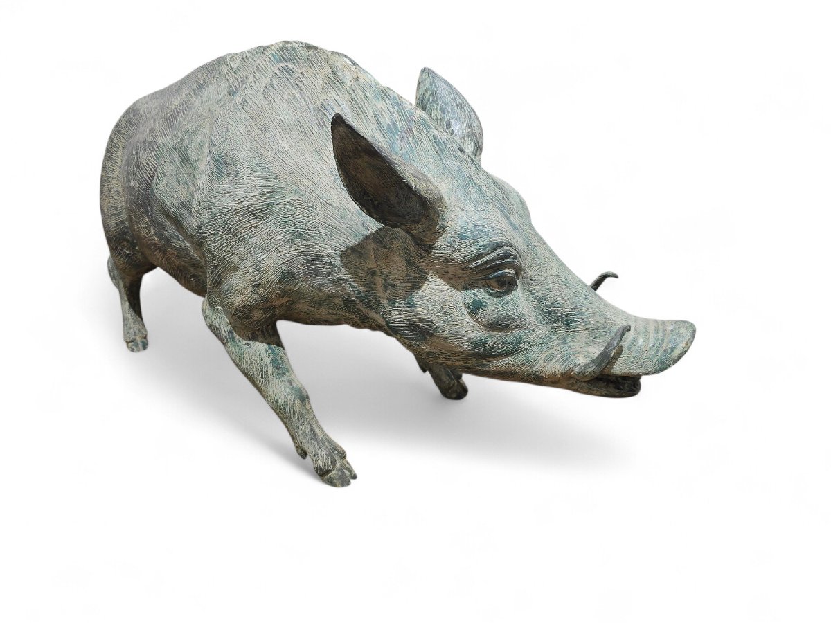 Paire de sculptures de phacochères en bronze italien à patine verte, années 1950-photo-4