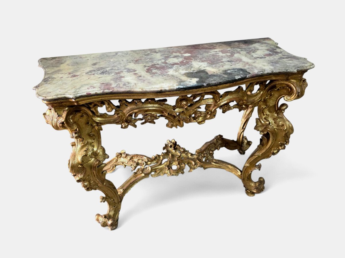 console italienne du XVIIIe siècle en bois doré avec plateau en marbre-photo-2