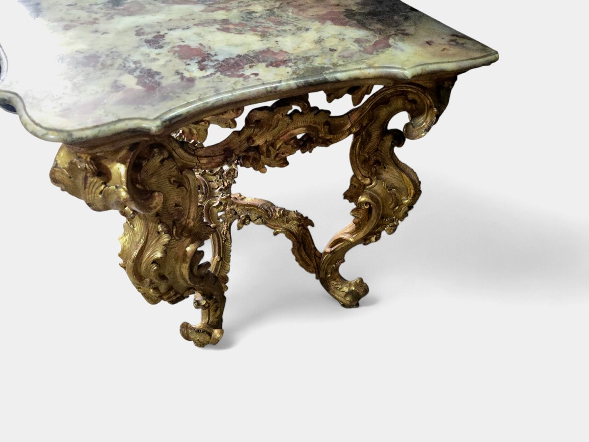 console italienne du XVIIIe siècle en bois doré avec plateau en marbre-photo-6