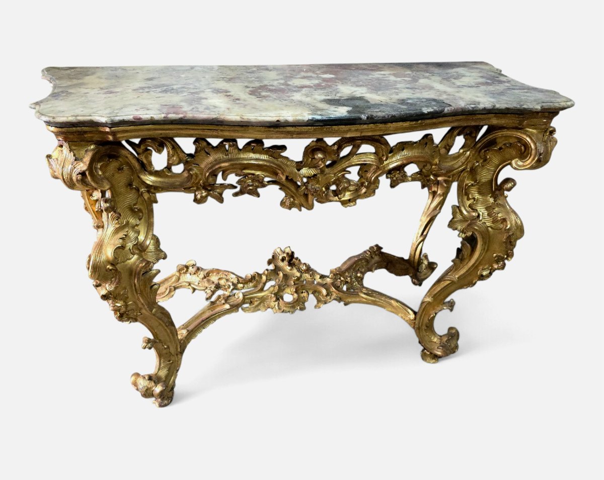 console italienne du XVIIIe siècle en bois doré avec plateau en marbre-photo-7
