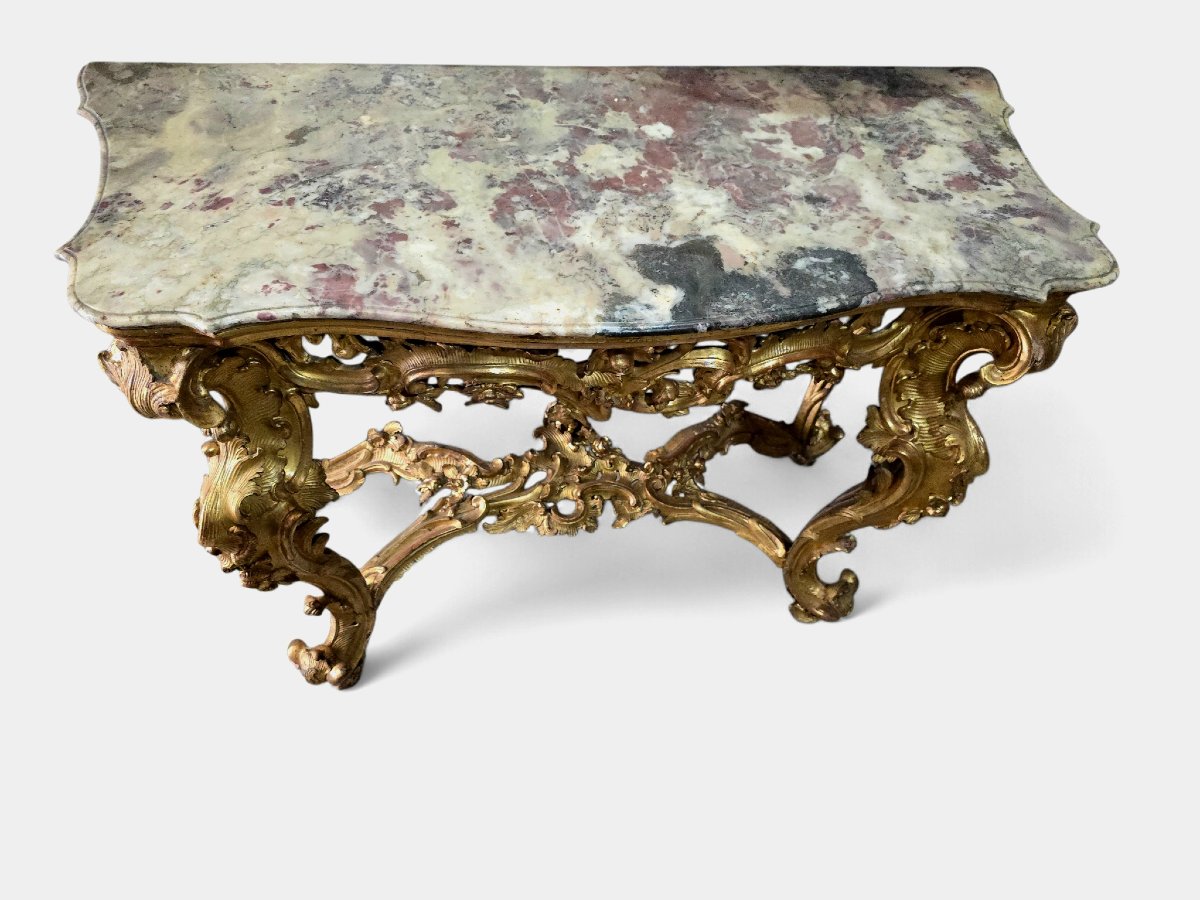 console italienne du XVIIIe siècle en bois doré avec plateau en marbre