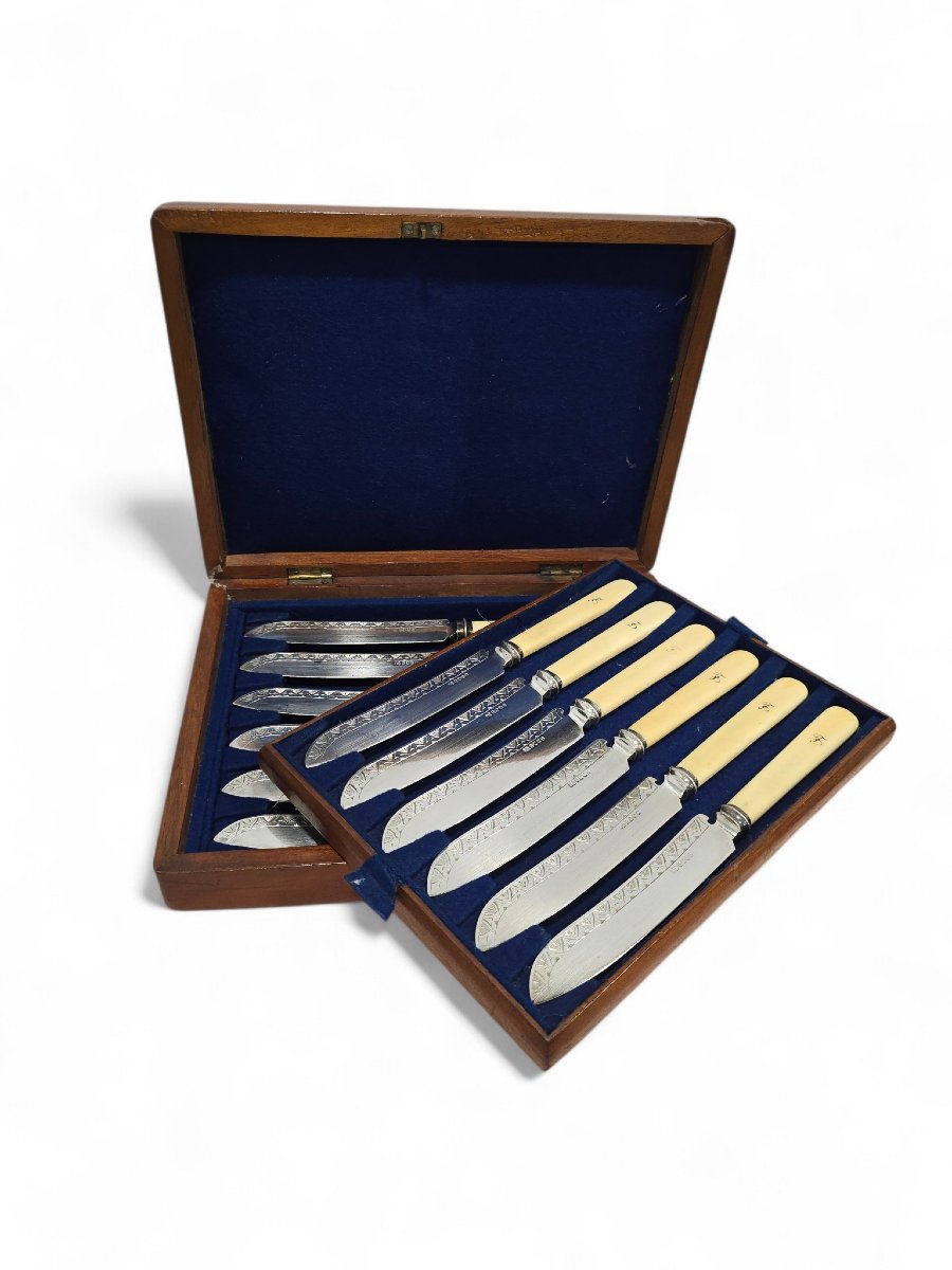 Ensemble complet de douze couteaux à poisson victoriens dans leur coffret anglais d'origine, XI-photo-5